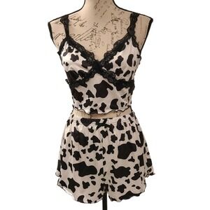 Womens Cow Print White Black Satin Lace Tank Shorts Pajama Lingerie Set Medium
